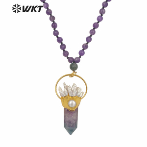 WT-N1246 도매 여성 화려한 긴 구슬 돌 형석 목걸이 금 패션 큰 청키 정신 포인트 돌 목걸이 - Product Image 1