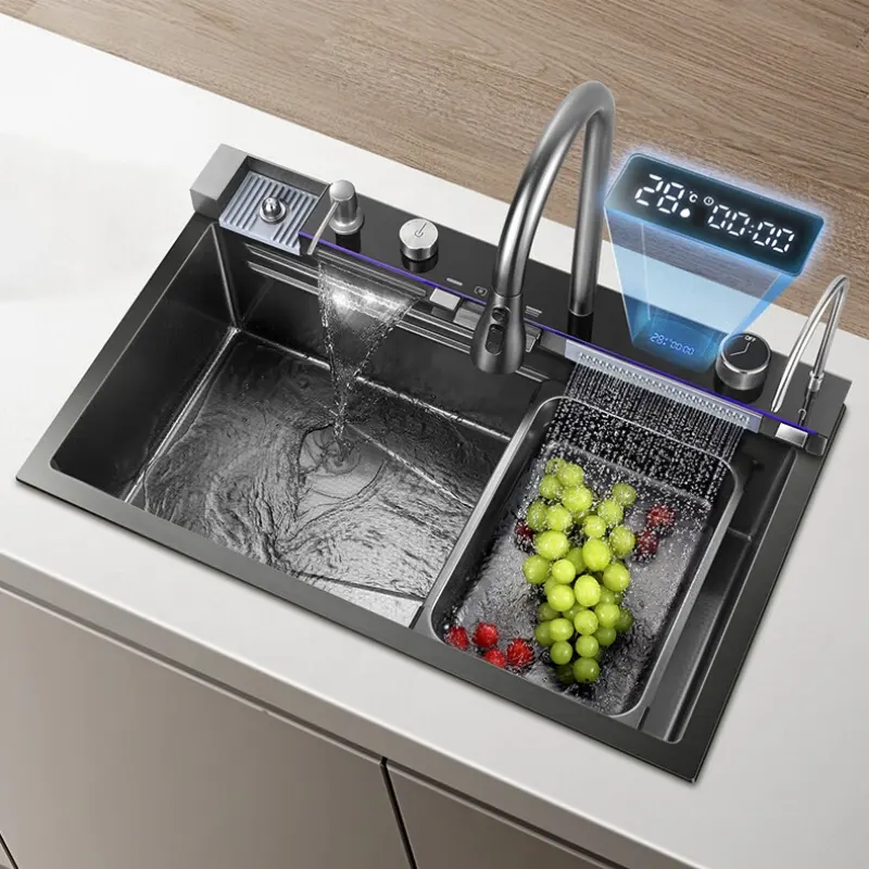 Tiktok Hot Sale Multi function Sink Large Single Slot Scratch resistant LED Digital Display Waterfall Smart Sink with Cup Washer