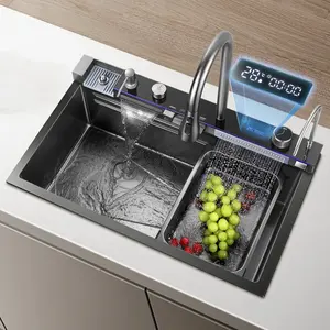 Tiktok sıcak satış çok fonksiyonlu lavabo büyük tek yuvası çizilmeye dayanıklı LED fincan yıkayıcı ile dijital ekran şelale akıllı lavabo