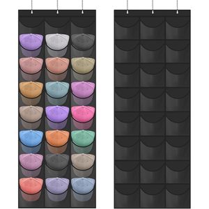 Organisateur de chapeaux à suspendre sur la porte, 24 poches, support de rangement transparent pour casquettes de baseball, fixation murale avec 3 crochets, noir - Product Image 1