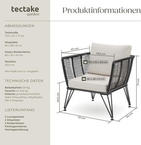 Tectake Set of 2 Steel Frame Lounge <strong>Chairs</strong>-Outdoor Garden &amp; Balcony Furniture for <strong>Conservatory</strong> Use - Product Image 2