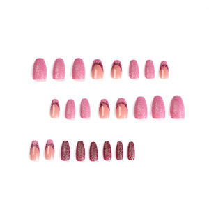 Faux ongles en gel français rose et violet de haute qualité, paillettes, séquins, faux ongles simples, rectangulaires moyens, ongles artificiels - Product Image 2