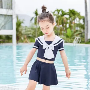 Groothandel Kinderen Baby Badmode Marineblauw Japans Matroos Pak Uniform Strandkleding Badpak Meisje Peuter Twee Stukken Oem Custom