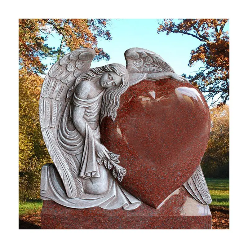 Mezar kullanımı kırmızı granit mermer mezar taşı melek kanatları ve kalp şeklinde mezar taşı