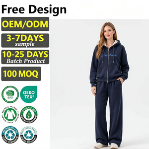 LEDUO Custom Ladies Full Zip Hooded Sweatshirt And Loose Straight Trousers Set Warm Daily Loungewear - Product Image 1