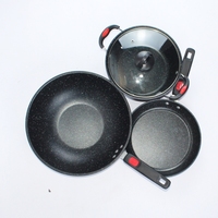 Set Peralatan Masak Anti Lengket Tiga Buah dari Bahan Batu Medis dan Besi, Cocok untuk Kompor Gas dan Induksi, Kombinasi Wajan, Hadiah