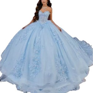 Off The Shoulder Light Blue Tulle Ball Gown Empire Waist Floral Print Evening Dress For Performance Art Exam - Product Image 2