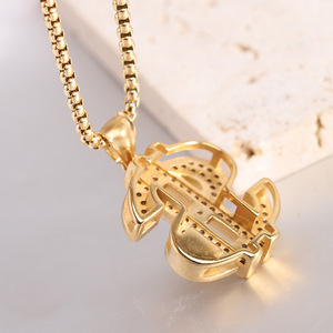 Collar con Colgante de Signo de Dólar, Chapado en Oro, con Incrustaciones, Cadena de Acero de Titanio, Estilo Hip Hop, Joyería de Moda Urbana - Product Image 3