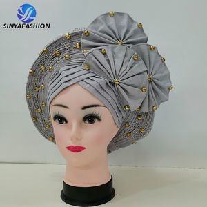 Gele nigérian Aso Oke uni, foulard africain auto-attachable très populaire avec pierres et perles - Product Image 3