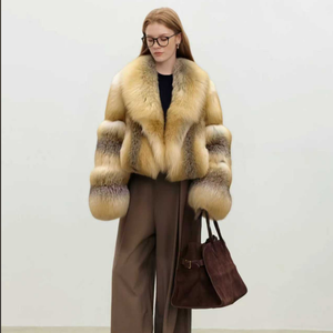 Elegante Cappotto Corto da <span class=keywords><strong>Donna</strong></span> in Vera Pelliccia di Volpe Dorata, Caldo per l'Inverno, con Ampio Risvolto, <span class=keywords><strong>Giacca</strong></span> in <span class=keywords><strong>Peluche</strong></span> 100% Autentica - Product Image 2