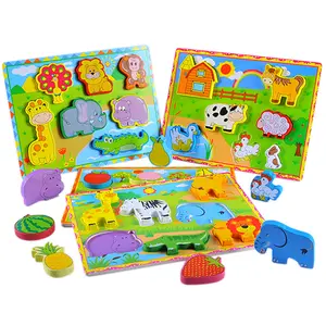 Puzzle 3D kayu montesori, mainan pendidikan dini kartun hewan tema buah pencerahan anak-anak pendidikan kognitif anak