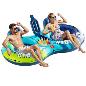 Double River Tube 2 Person 660lb Heavy Duty Puncture Resistant Raft with <b>Backrest</b> Cooler Cup Holders Family - Product Image 1