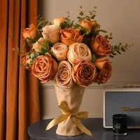 Nieuwe groothandel elegante herfst oranje kunstmatige rozenboeket bloemstuk voor Valentijnsdag cadeau bruiloft tafeldecoratie