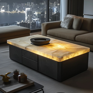 Luxury <strong>Real</strong> Marble <strong>Coffee</strong> <strong>Table</strong> with Drawer <strong>Wood</strong> Panel Lighting Natural Marble Living Room Furniture Set Office Tea <strong>Table</strong> - Product Image 3