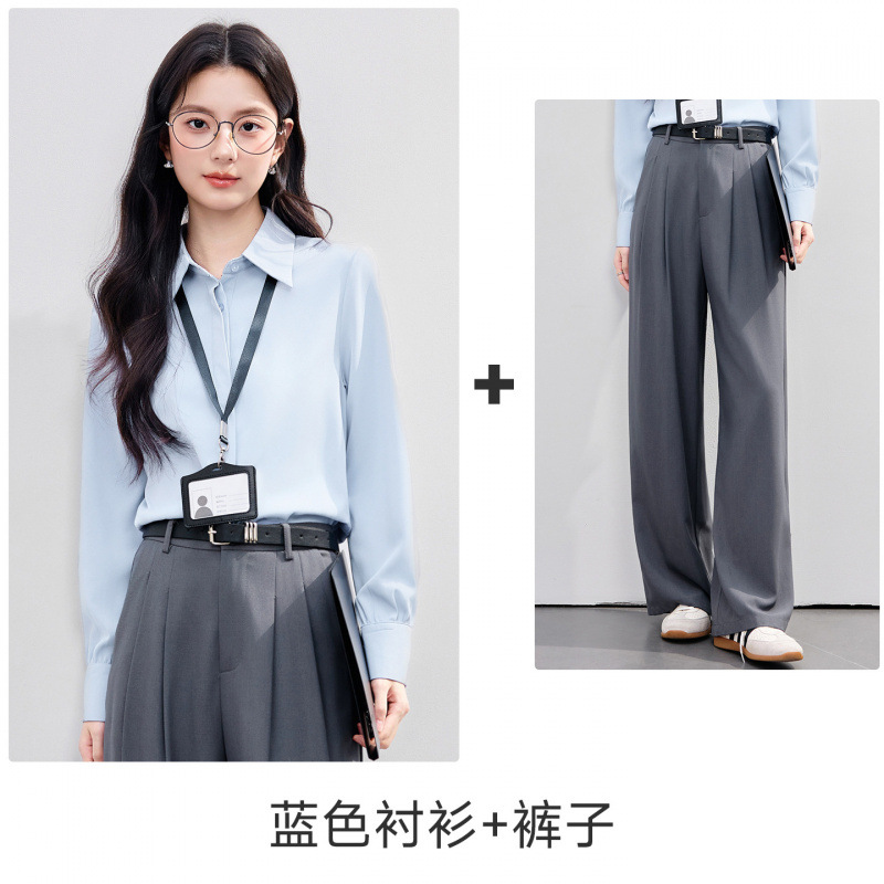 blue shirt and trousers
