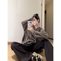Pull en laine col V pour femme, tricot torsadé bicolore de haute qualité, coupe ample, épais et minimaliste pour l'hiver