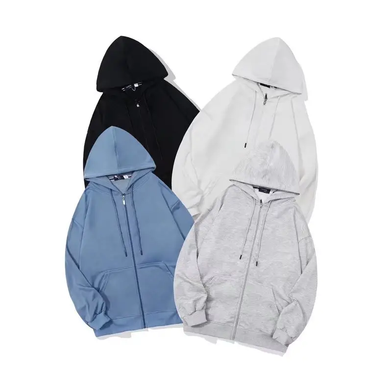 Custom 300g thin terry solid color zippered men's hoodie High quality loose shoulder cardigan jacket for man