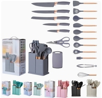 Nouvel Ensemble de 19 Ustensiles et Outils de Cuisine en Silicone avec Poignées en Bois et Range-Couteaux Intégré