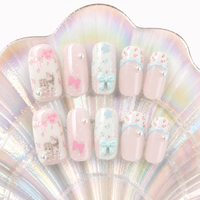 Faux ongles à presser réutilisables, forme cercueil, motif chiot mignon, bleu clair, nœud écossais et perle, style Kawaii et doux