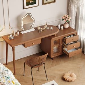 Petite coiffeuse minimaliste de style français avec tiroirs de rangement extensibles, meuble de maquillage en bois massif <span class=keywords><strong>sur</strong></span> roulettes - Product Image 4