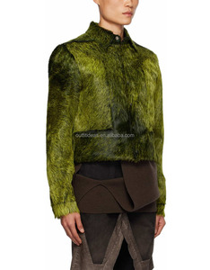 Collar extendido de cuero de vaca de lujo Original pelo en cuero Unisex mujeres hombres chaqueta recortada <span class=keywords><strong>verde</strong></span> llamativo chaquetas de cuero para hombres - Product Image 3