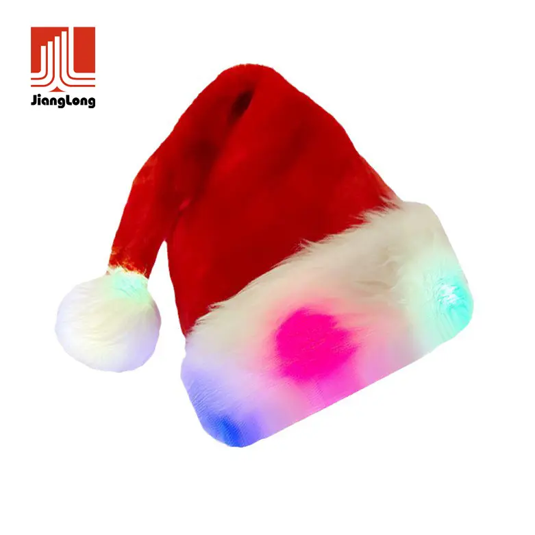 Großhandel erwachsene Kinder Kinder benutzer definierte Logo flauschige Plüsch Samt Kunst pelz Santa Xmas traditionelle rote LED Weihnachts mütze
