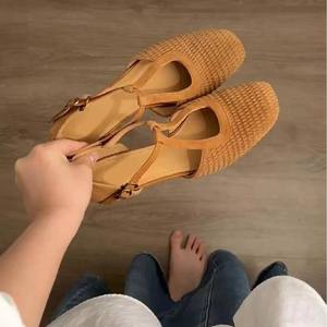 Retro Woven Mary Jane Flats Brown <b>Closed</b> <b>Toe</b> Chunky <b>Heel</b> Breathable Summer Wear Women's Shoes - Product Image 2