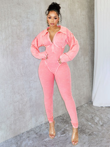 Jumpsuit Wanita Grosir Musim Semi Gugur, Pakaian Acid Wash, Deep V Ketat, Lengan Panjang, Ribbed, Satu Potong - Product Image 6