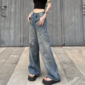 Z-5096 Jeans <span class=keywords><strong>Cargo</strong></span> de Cintura Alta con Efecto Desgastado Estilo Graffiti, Pantalones Holgados de Pierna Recta para <span class=keywords><strong>Mujer</strong></span> - Product Image 4