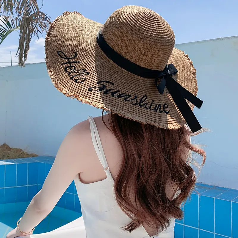 Travel Wide Brim Wholesale Fashion Ladies Round Sunshade Fedora Summer Visor Panama Bowknot Embroidery Straw Beach Girls Cap Hat