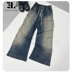 LARSUR Custom Denim Factory Cotton Distressed Sun Faded Wash Denim Cargo Pants Men Baggy Flare Cargo Jeans Men