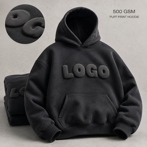 เสื้อฮู้ดพิมพ์ลายพัฟฟ์แบบกำหนดเอง 500GSM ผ้าฝ้าย 80% โพลีเอสเตอร์ 20% ผ้าฟลีซหนานุ่มทรงโอเวอร์ไซส์ ผู้ผลิตเสื้อผ้าสั่งทำ - Product Image 1