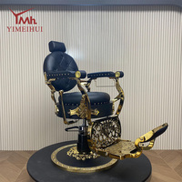 Chaise de barbier vintage de luxe, accoudoirs dorés décoratifs, cuir noir matelassé diamant, avec support hydraulique