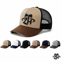 Casquette de baseball unisexe marron style trucker avec dos en maille, devant en mousse, visière courbée, fermeture snapback, six panneaux, réglable, vente en gros