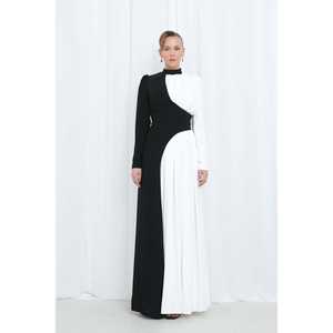 Robe de soirée élégante à col montant, taille naturelle, en satin noir, avec contraste de couleurs - Product Image 3