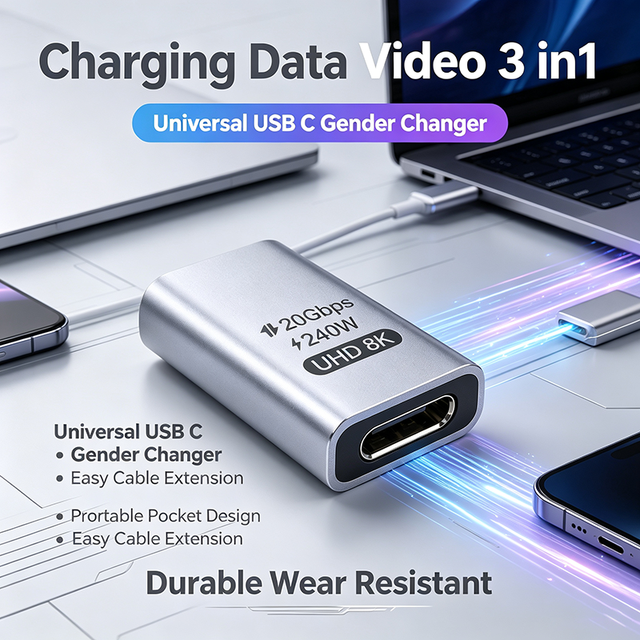 Premium Aluminum Type C Female to Female Adapter 20Gbps Data Transfer 240W PD Fast Charging UHD 8K Video Output USB C Coupler