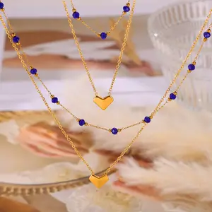 Yaz tatil kristal taş boncuklu kolye moda kadınlar için paslanmaz çelik kalp kolye klavikula zinciri