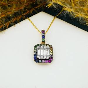 Collar de Diamantes de Lujo Minimalista con Zafiros Redondos y Baguette en Borde, Cierre de Anillo de Resorte, Cadena de Oro Sólido Amarillo de 14k, Calidad AAA - Product Image 1