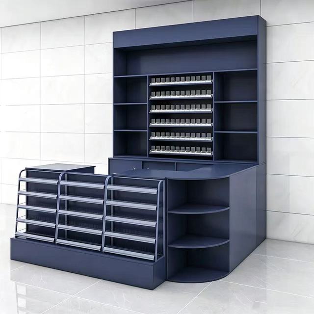 Curved Retail Checkout Counter with Side Shelves, Commercial Cashier Desk for Convenience Stores