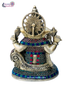Artesanía Nirmala, Estatua de Latón del Dios Ganesha, Acabado en Piedra, Accesorios Religiosos para Pooja, Adorno para Mesa de Templo o Escritorio, Rajasthan - Product Image 4