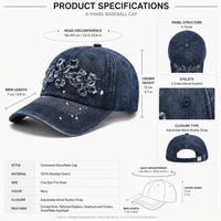 Casquette de sport réglable en denim 6 panneaux, style streetwear américain de luxe, effet vieilli, avec patch PVC floral croisé et bords bruts effet encre éclaboussée