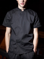 Chemise de chef à col montant anti-huile pour hommes, couleur unie, à manches courtes, uniforme de cuisine respirant, vêtements de travail en polyester, hauts d'été pour hôtels