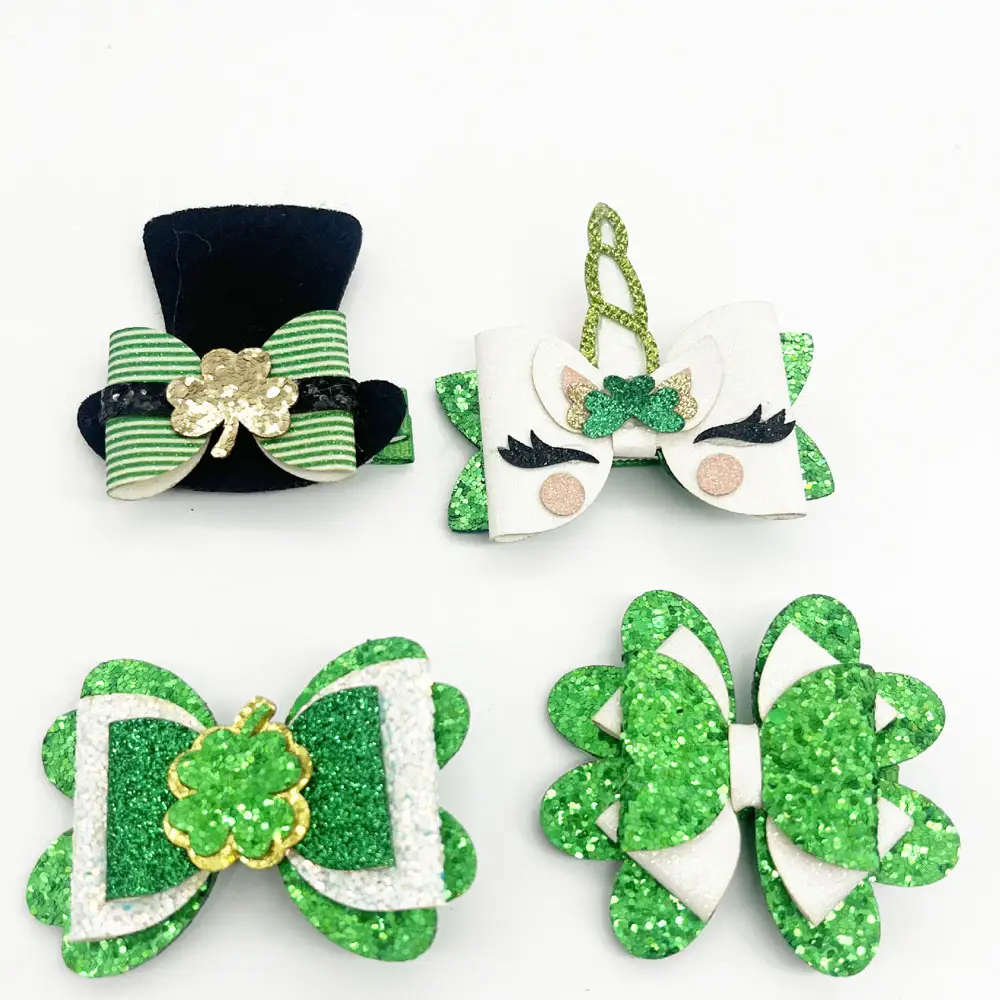 Fait à la main St Patrick's Day enfant en bas âge fille arc grand trèfle irlandais vert trèfle porte-bonheur à quatre feuilles pince à cheveux Irlande