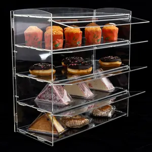 Wadah roti bening 4 tingkat portabel transparan wadah pajangan makanan kabinet pajangan akrilik untuk Cupcake Muffin Mode kue donat