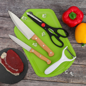 Juego de 5 Cuchillos de Cocina: Cuchillo de Chef + Cuchillo Multiusos + Tijeras + Pelador + Tabla, Mango de Madera Natural para Cortar y Picar a Diario - Product Image 1