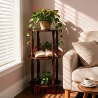 Support à plantes octogonal rustique à 3 niveaux avec pieds tournés, étagère de présentation en bois massif pour pots, table d'appoint compacte pour chambre et bureau