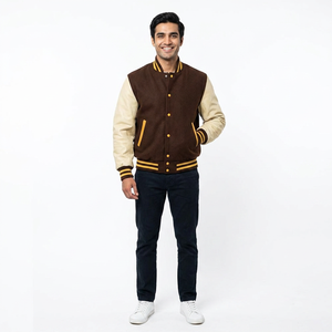 Chaqueta Estilo Universitario para Hombre en Marrón y Crema, Mangas de Cuero, Ribete Acanalado a Rayas, Botones a Presión, Ropa Urbana de Moda - Product Image 1