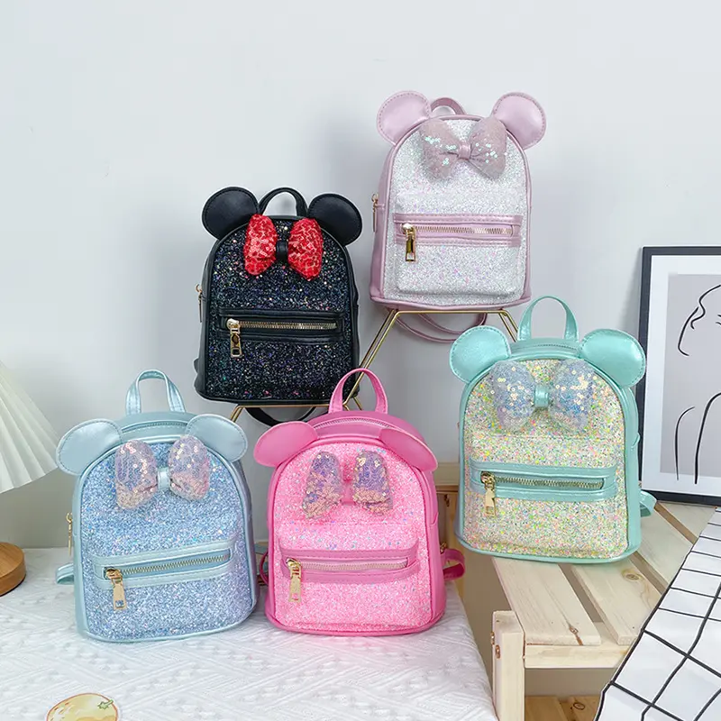 Yüksek kaliteli çocuklar PU deri çanta moda trendi pullu küçük anaokulu okul çantası parlak sevimli fare kulaklar prenses sırt çantası