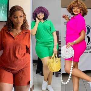 African Women's XL Size 2-Piece Casual Summer Set Solid Color Logo Woven Spandex Material Short Sleeved Top - Product Image 6