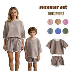 Summer Baby Boys Girls Striped Waffle Short Sleeve Top Shorts Contrast Color <strong>Kids</strong> Daily Two Piece Set - Product Image 1